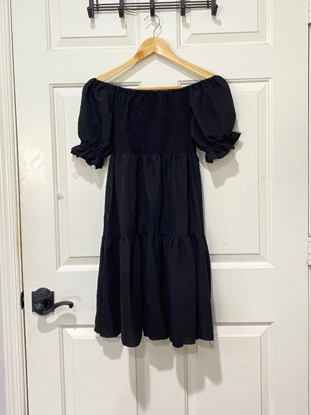 Black Smocked Puff Sleeve Babydoll Dress – Medium